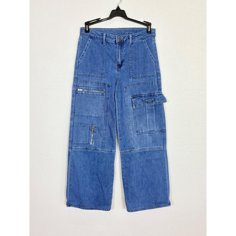 Tractr Mid Rise Wide Leg Baggy Cargo Medium Wash Jeans Girls Size 14 Y2K Grunge